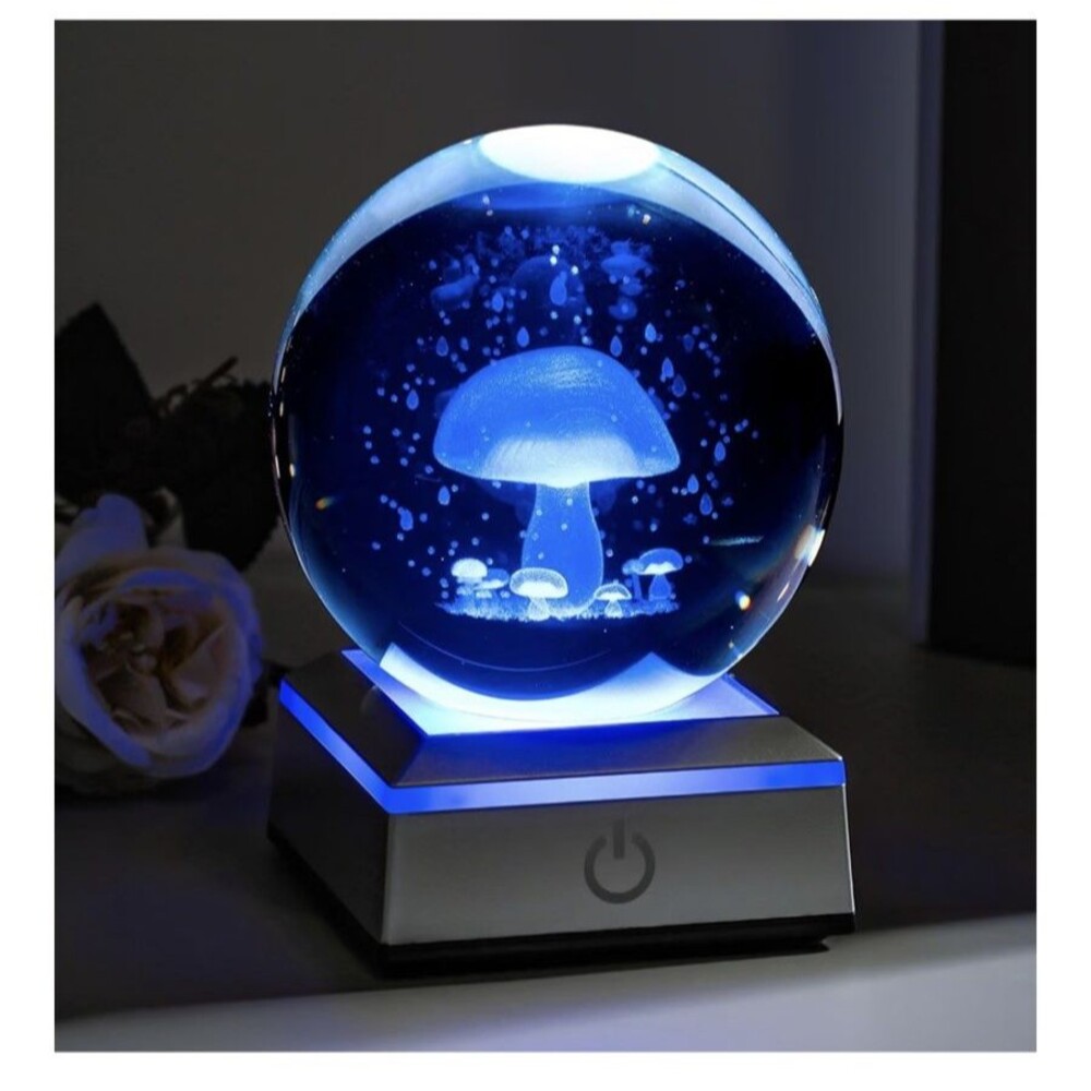3D Mushroom Crystal Night Light w/Multicolor LED Base Glass Laser Engraved CUTE!